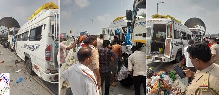 श्रद्धालुओं से भरी ट्रैवलर बस और ट्रेलर के आमने सामने टक्कर दर्जन भर श्रद्धालु जख्मी ! रॉंग साइड से आ रही ट्रेलर ने श्रद्धालुओं के बस में मारी थी टक्कर ! ट्रेलर सहित चालक पुलिस के कब्जे में ! पुलिस ने श्रद्धालुओं का सामान को बस से उतरवा कर हाइवे के डिवाइडर पर रखवाकर वाहन को क्रेन से हटवाया !