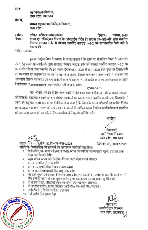 यूपी के सभी जिलों में 8 से 11 नवम्बर तक नहीं होगी ज़मीन की रजिस्ट्री, सर्वर होगा स्थानांतरित !